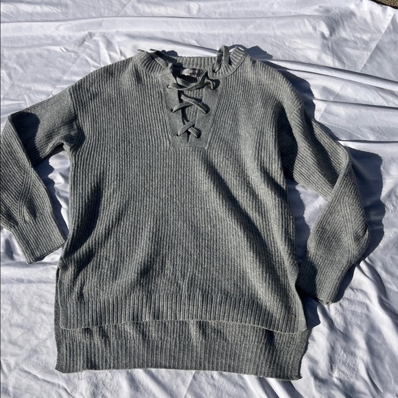 SO Women's Gray Lace-Up Sweater - Picture 1 of 5